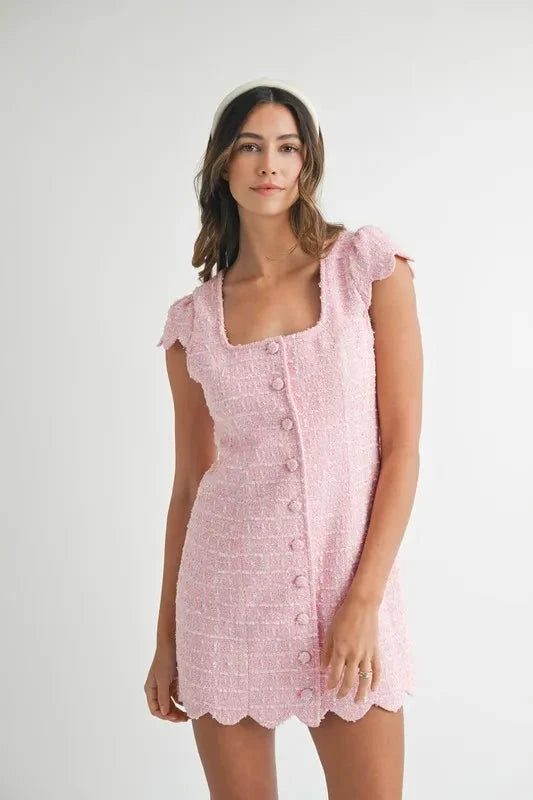 MABLE Tweed Scallop Hem Line Mini Dress