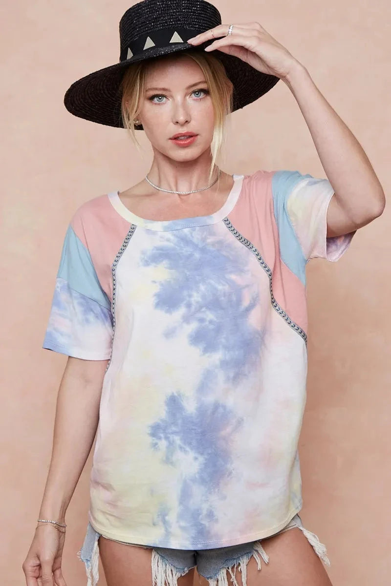 BiBi Tie Dye Printed Cotton Color Block T-Shirt