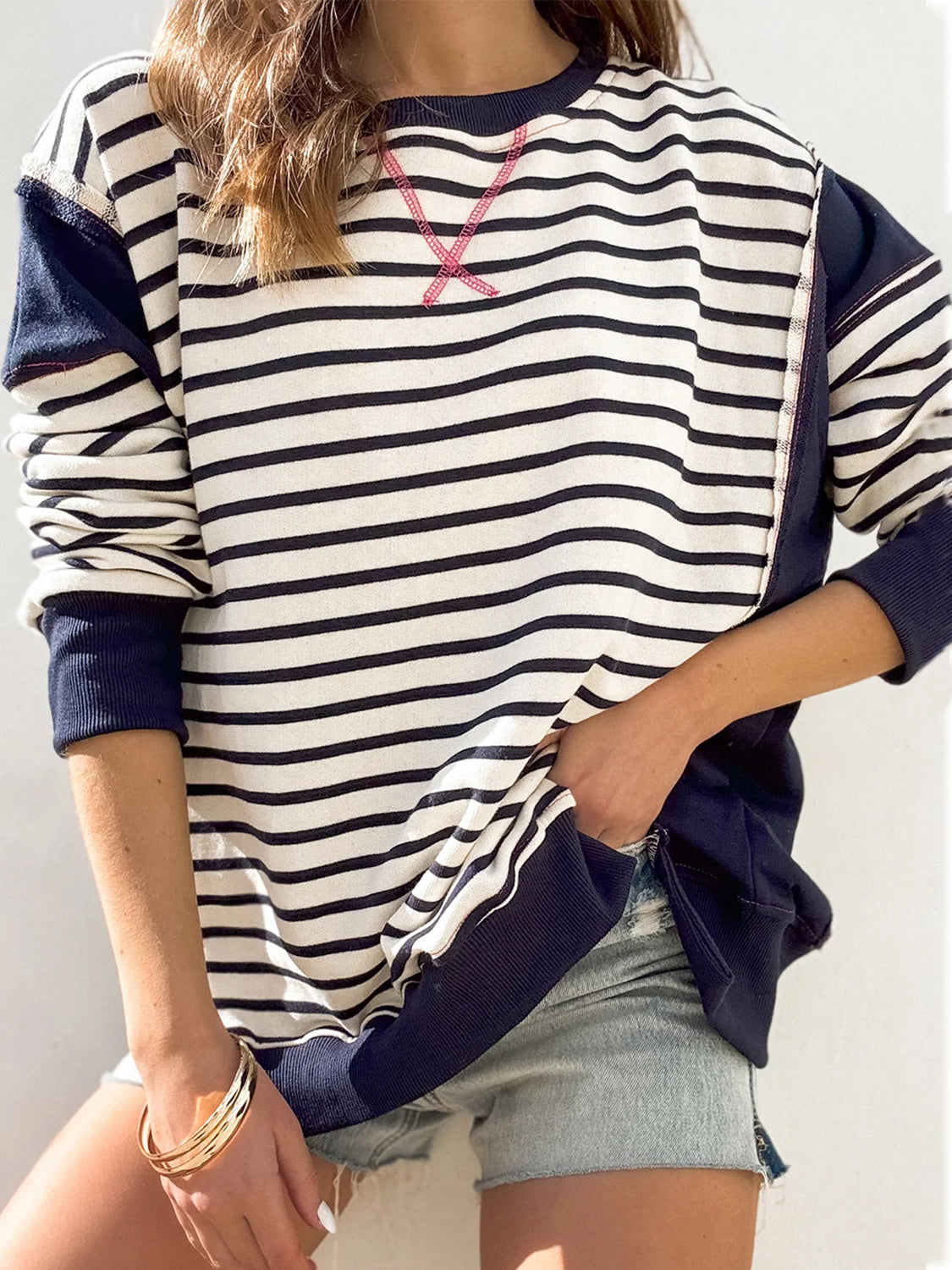 Slit Exposed Seam Striped Long Sleeve Sweatshirt - Laazaar