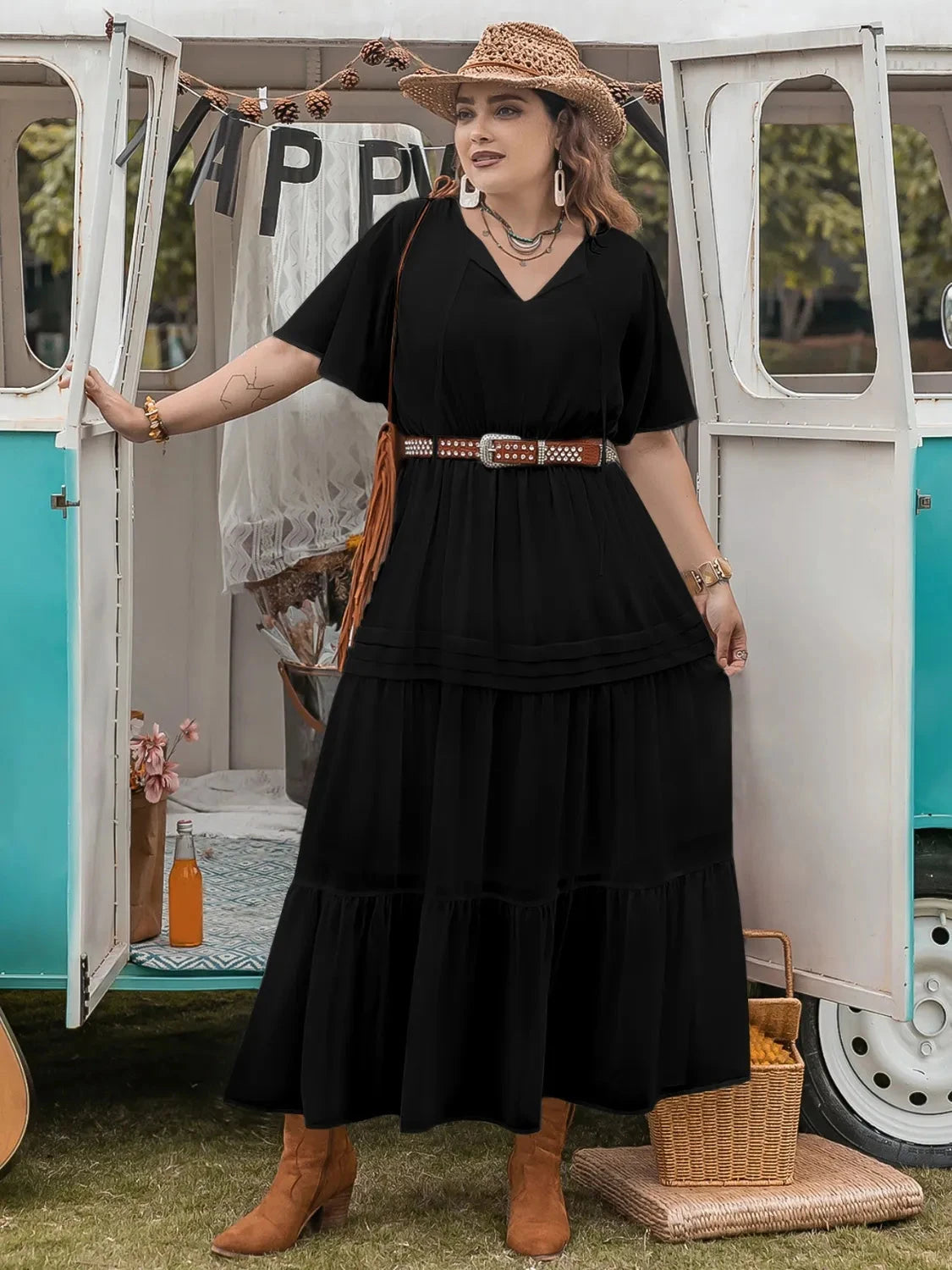 Plus Size Tie Neck Flutter Sleeve Dress