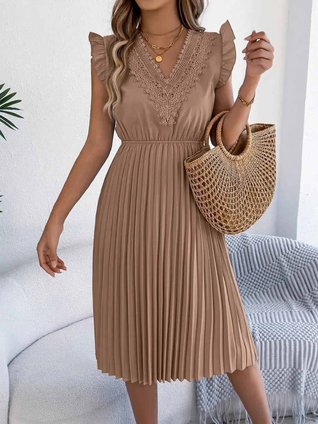 Lace Detail Ruffled Cap Sleeve Pleated Dress