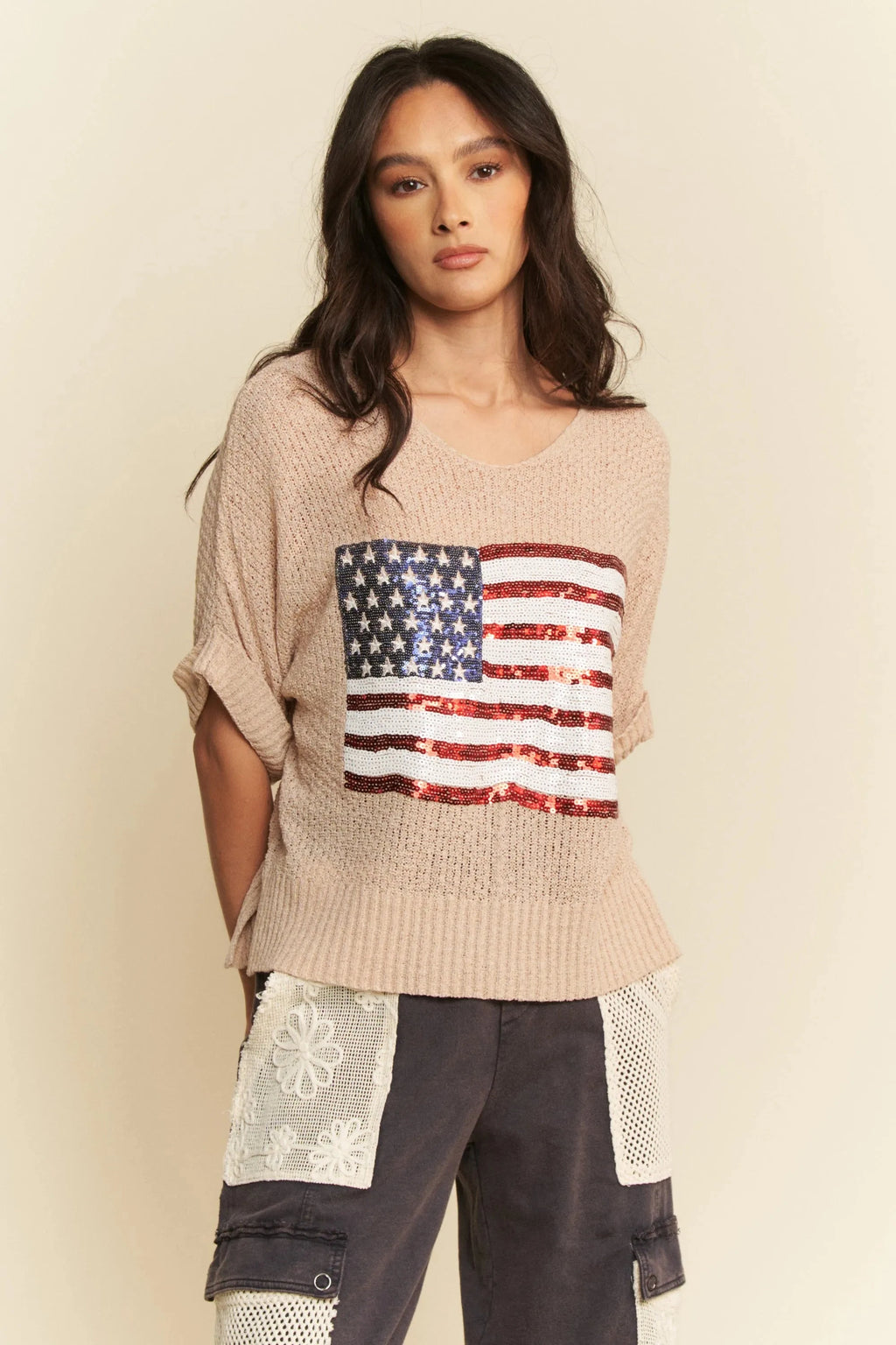 Davi & Dani Sequin American Flag Patch Short Sleeve Knit Top