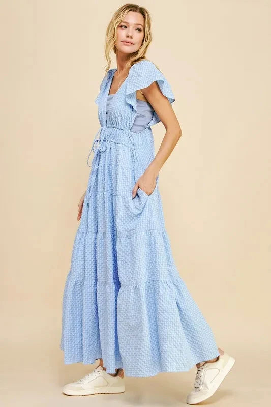 Davi & Dani Crinkled Texture Flutter Cap Sleeve Midi Dress