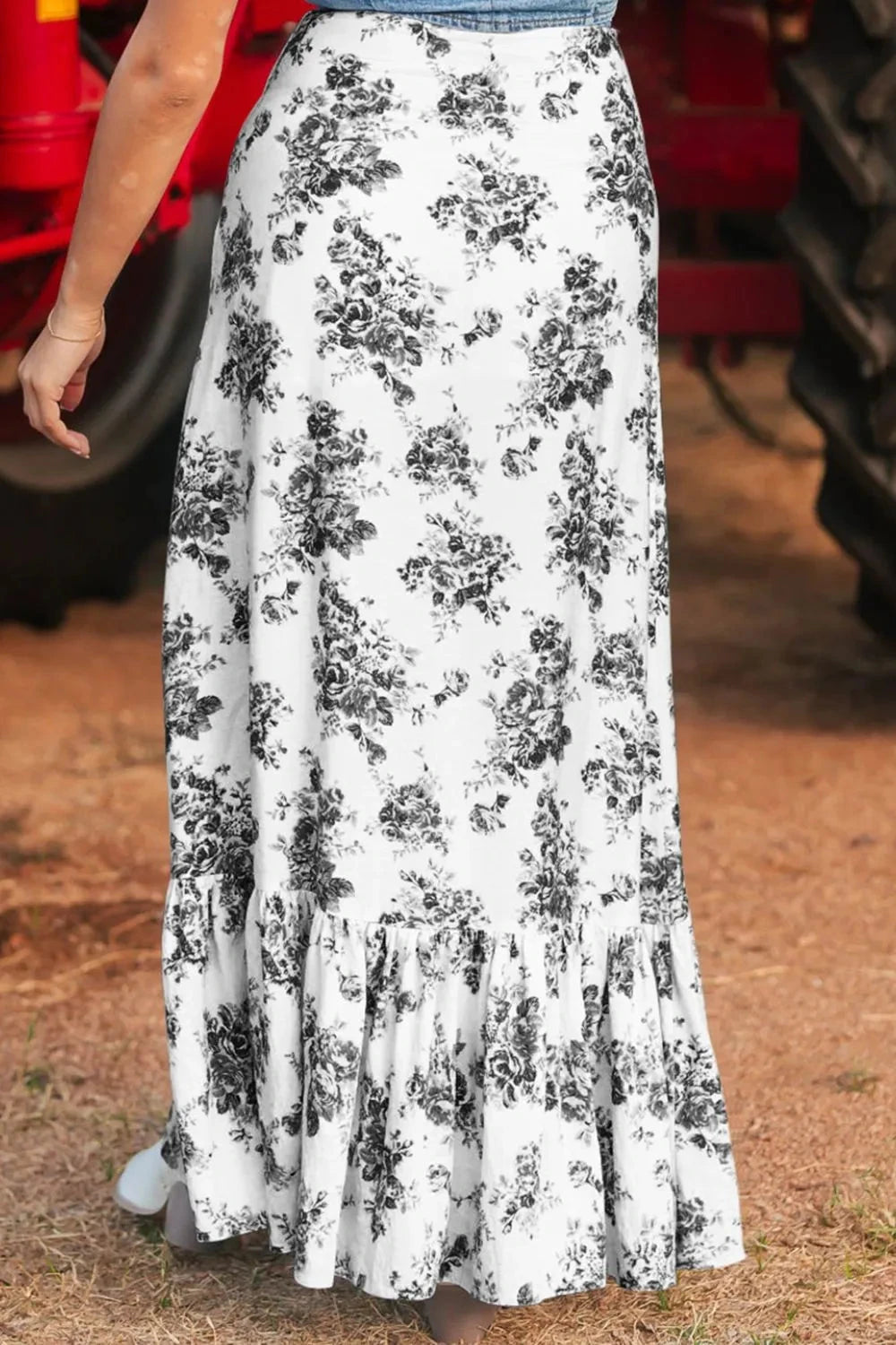 Boho Floral High Waist Ruffle Split Maxi Skirt