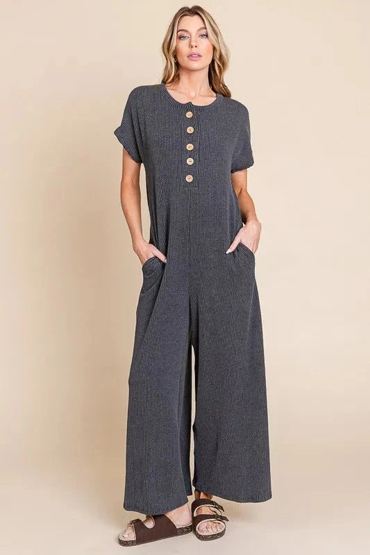 BOMBOM Rib Knit Jumpsuit with Button Detail