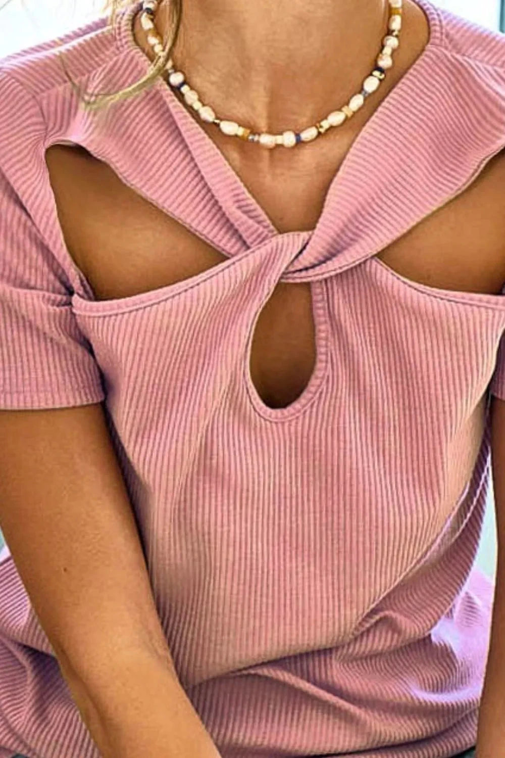 BiBi Rib Knit with Cut Out and Front Twist Detailed Top