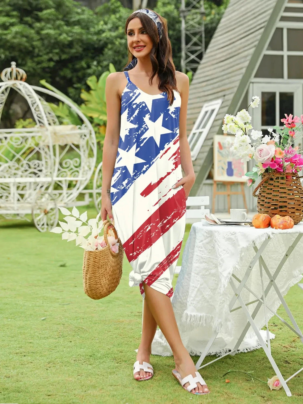 Striped & Star Scoop Neck Midi Cami Dress