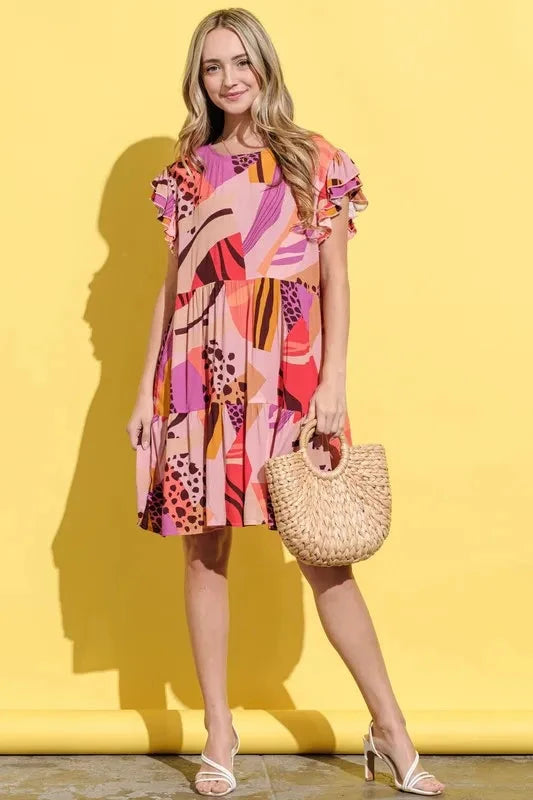 And The Why Printed Double Ruffles Sleeve Dress