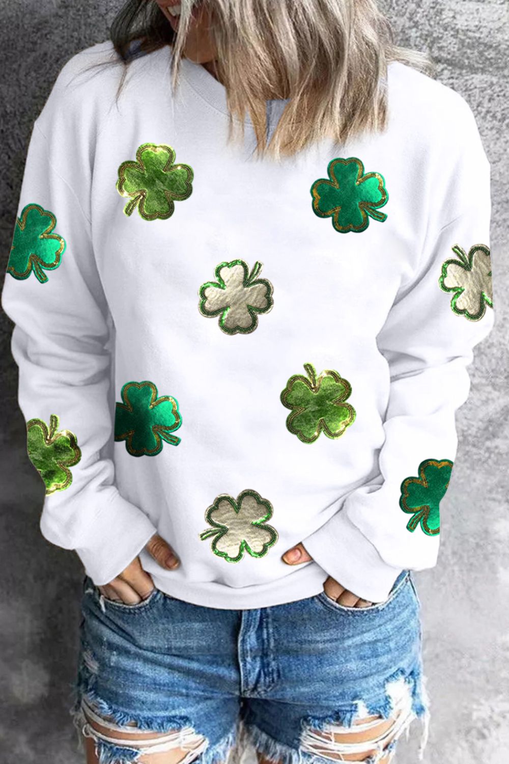 Lucky Clover Round Neck Long Sleeve Sweatshirt - Laazaar