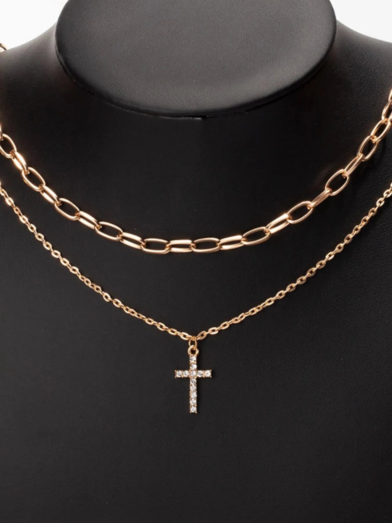 Double Layered Inlaid Zircon Cross Pendant Necklace