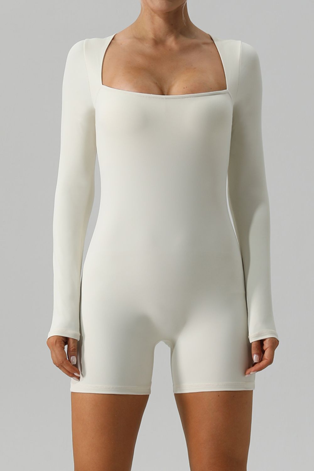 Square Neck Long Sleeve Active Romper - Laazaar