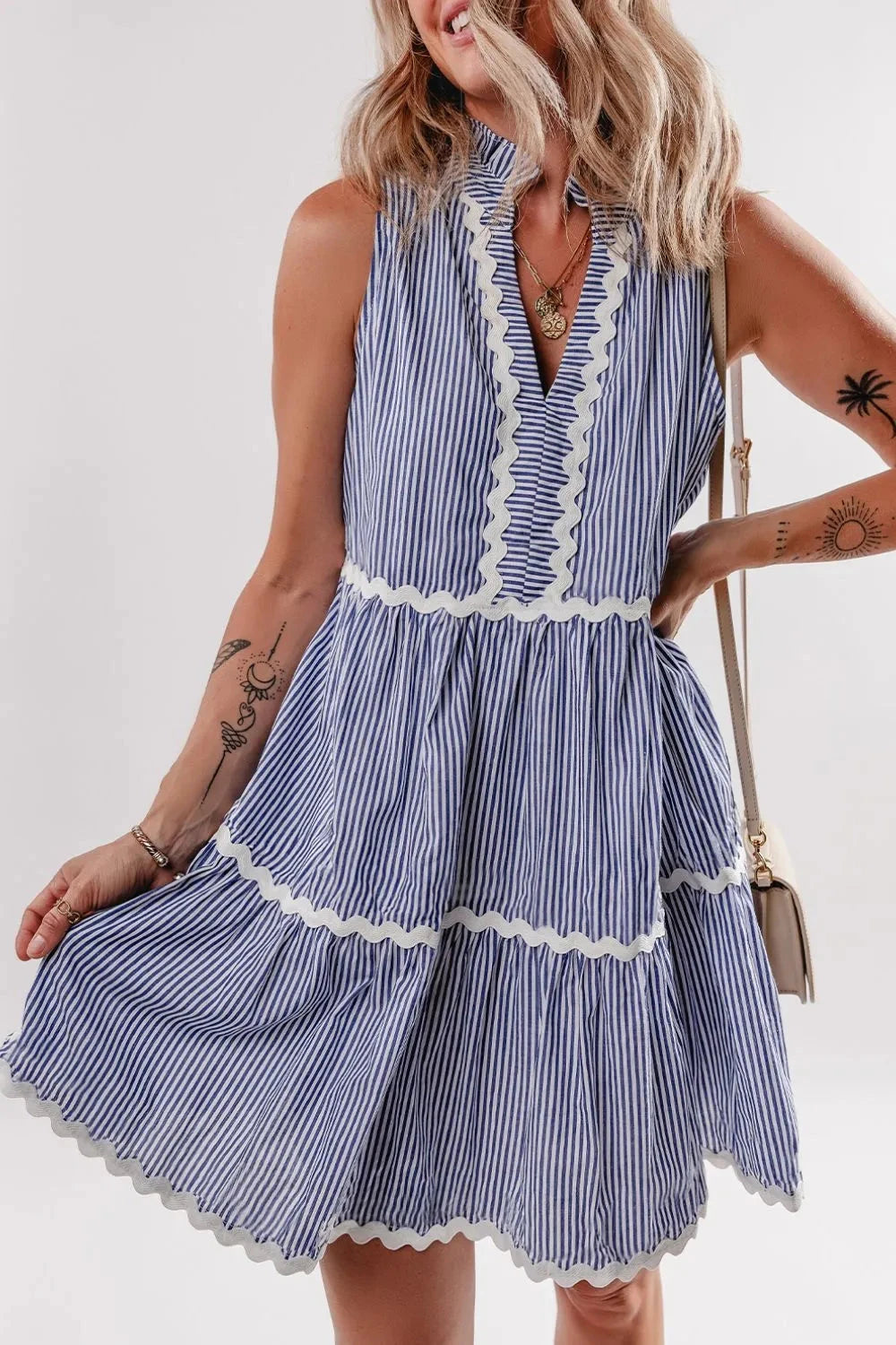 Stripe Sleeveless Notched Ric Rac Mini Dress