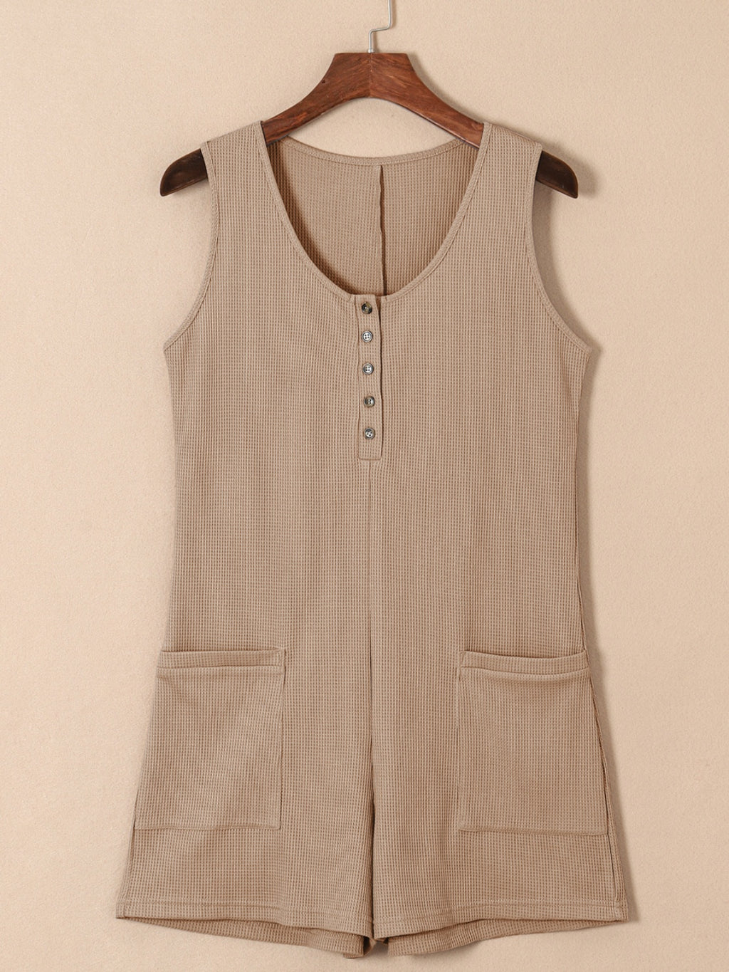 Waffle-Knit Half Button Sleeveless Romper with Pockets - Laazaar