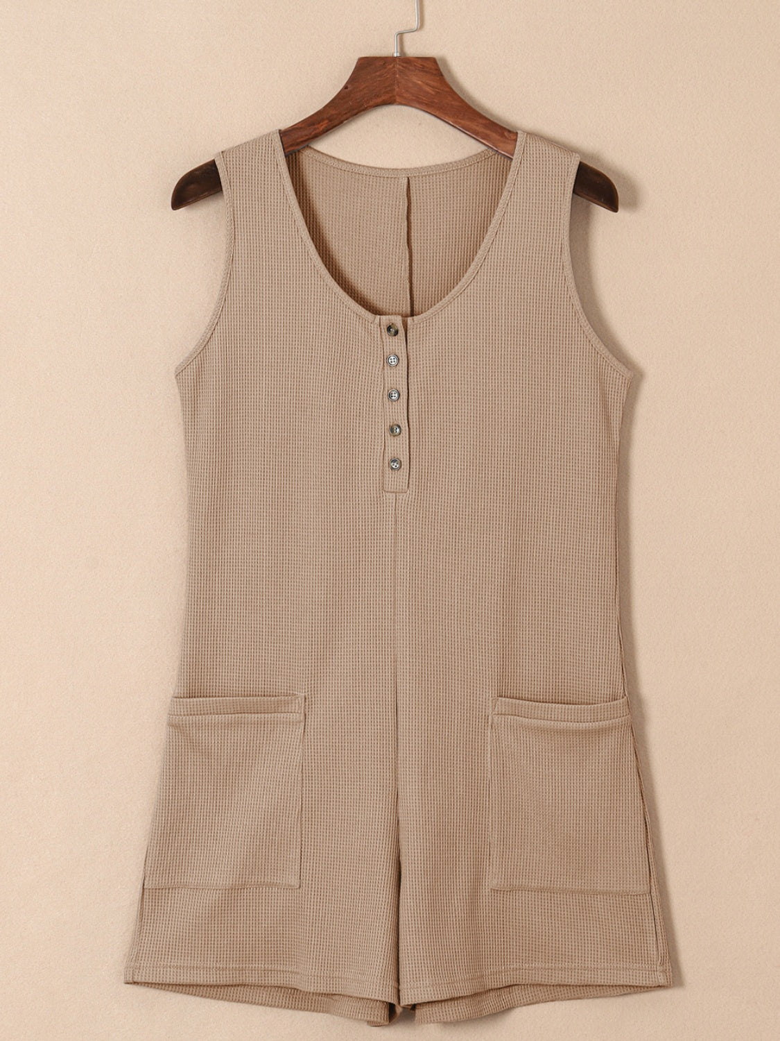 Waffle-Knit Half Button Sleeveless Romper with Pockets - Laazaar