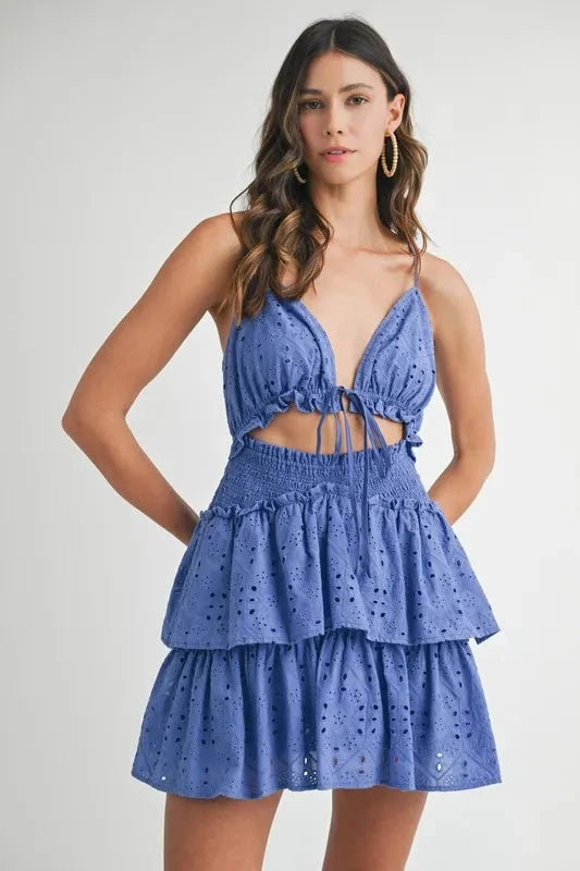 MABLE Lace Eyelet Ruffle Mini Dress With Front Cutout