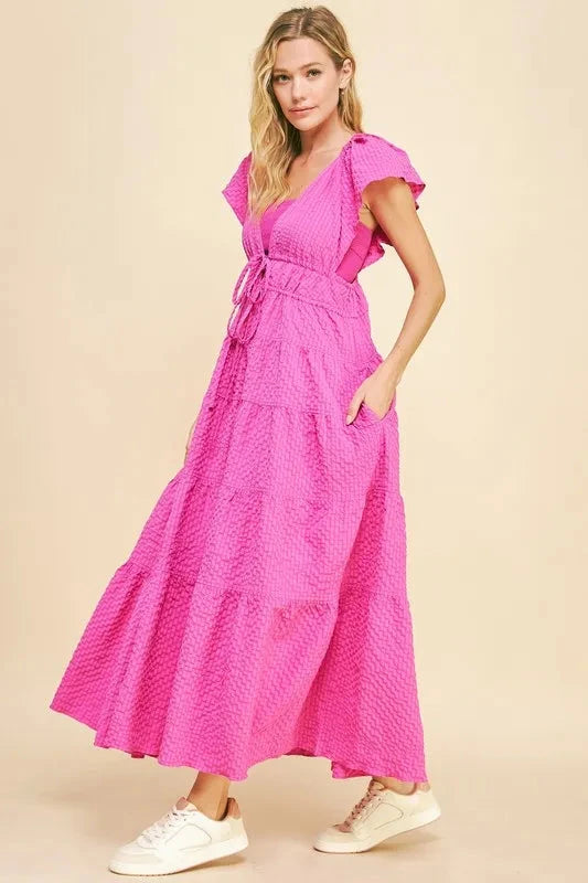 Davi & Dani Crinkled Texture Flutter Cap Sleeve Midi Dress