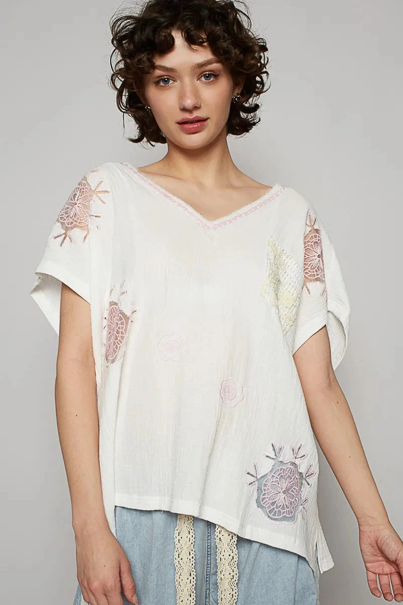 POL Embroidered Floral V-Neck T-Shirt