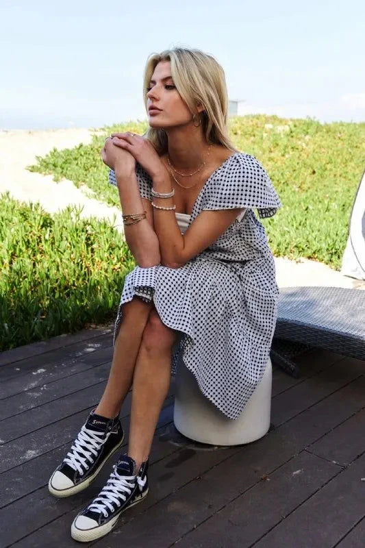 Davi & Dani Jacquard V-Neck Flutter Cap Sleeve Tiered Dress