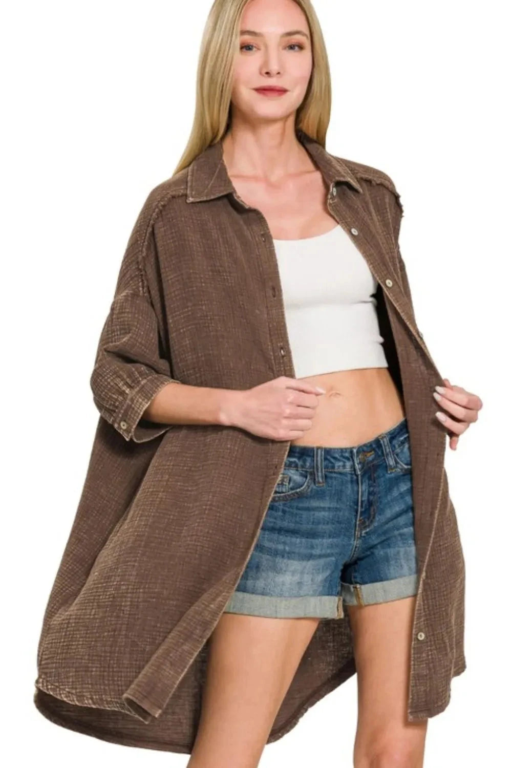 Zenana Washed Double Gauze Button Down Shirt Dress