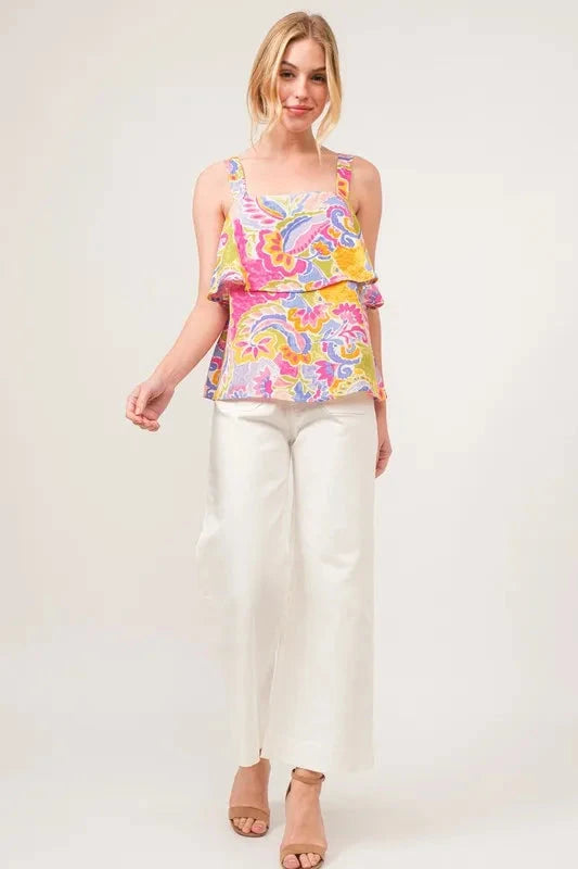 And The Why Square Neck Tiered Paisley Printed Top