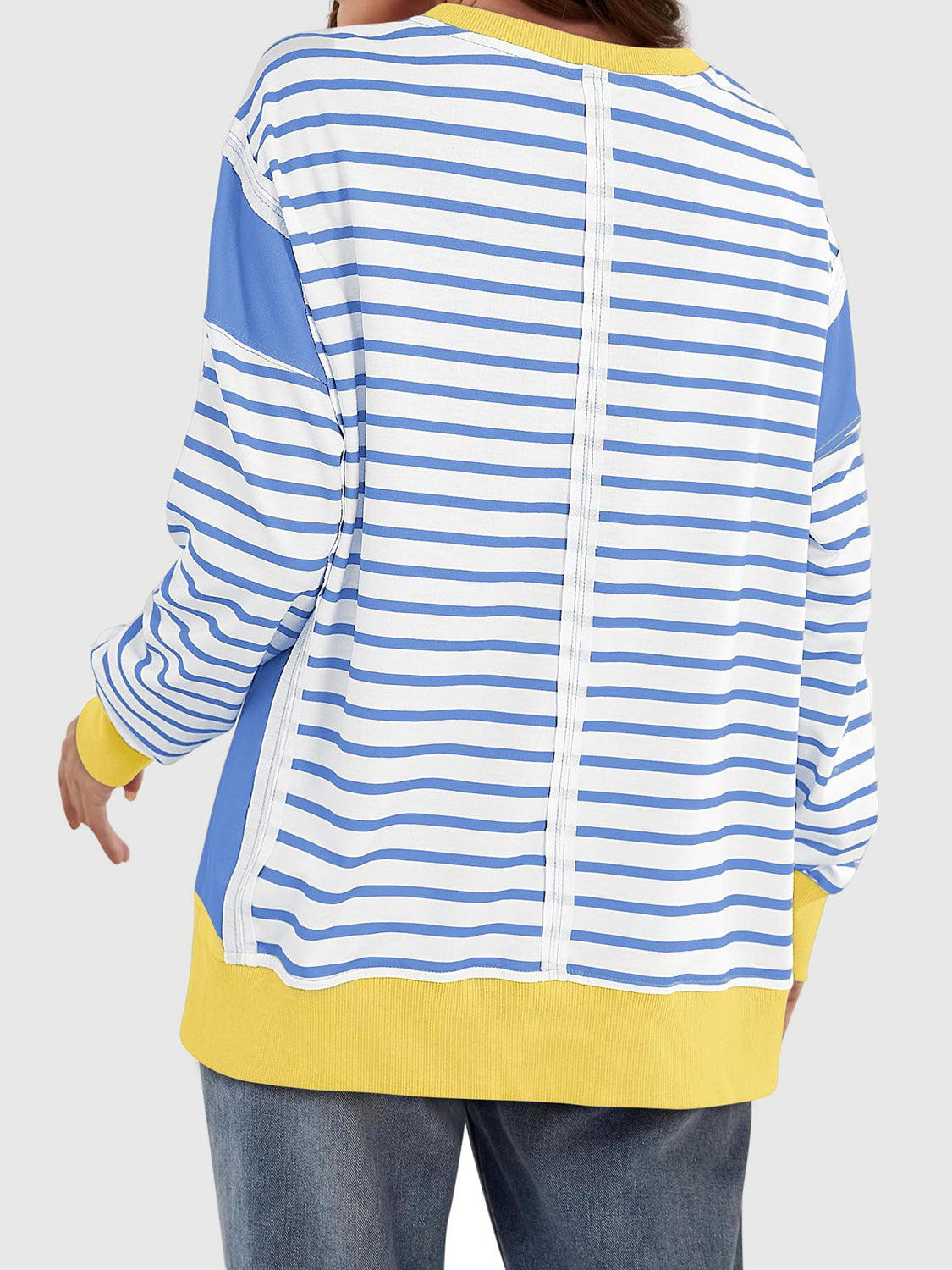 Slit Exposed Seam Striped Long Sleeve Sweatshirt - Laazaar
