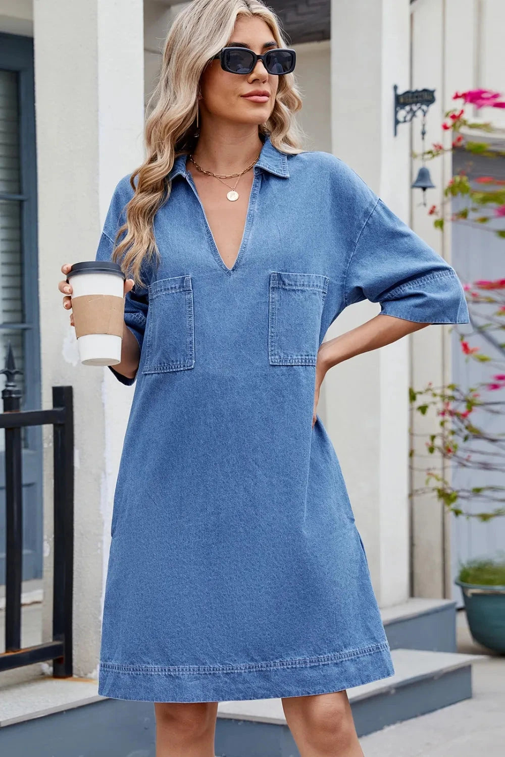 Johnny Collar Half Sleeve Denim Dress
