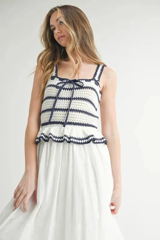 MABLE Crochet Stripe Knit Eyelet Mix Midi Dress