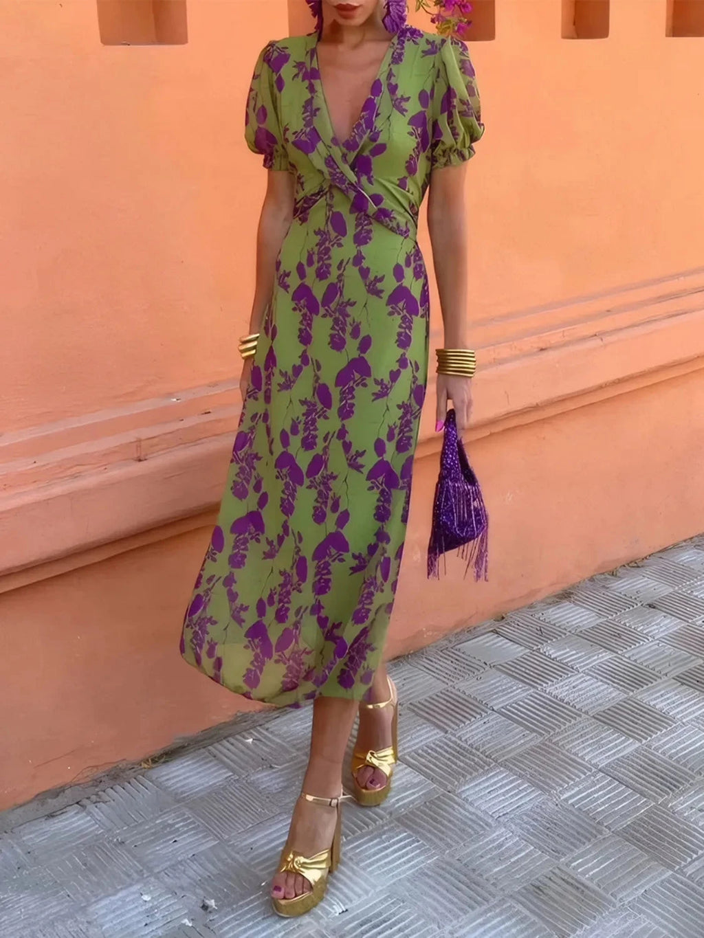 Printed Plunge Short Sleeve Midi Dress