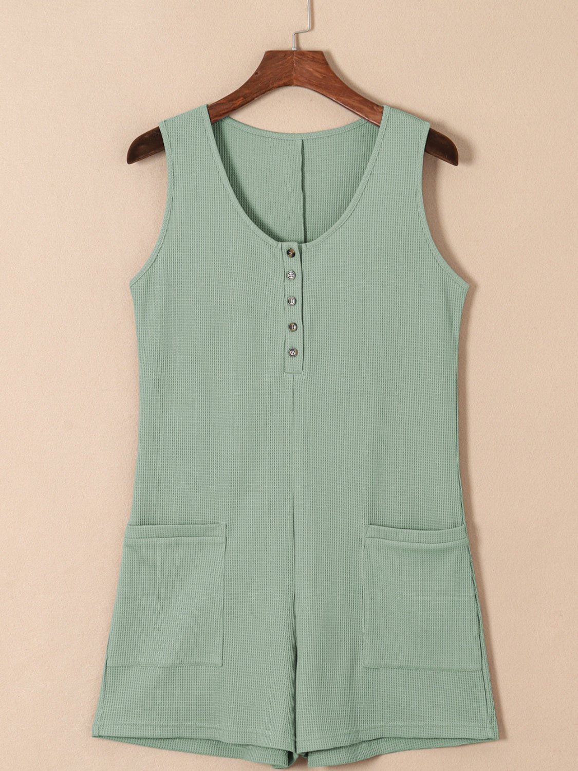 Waffle-Knit Half Button Sleeveless Romper with Pockets - Laazaar