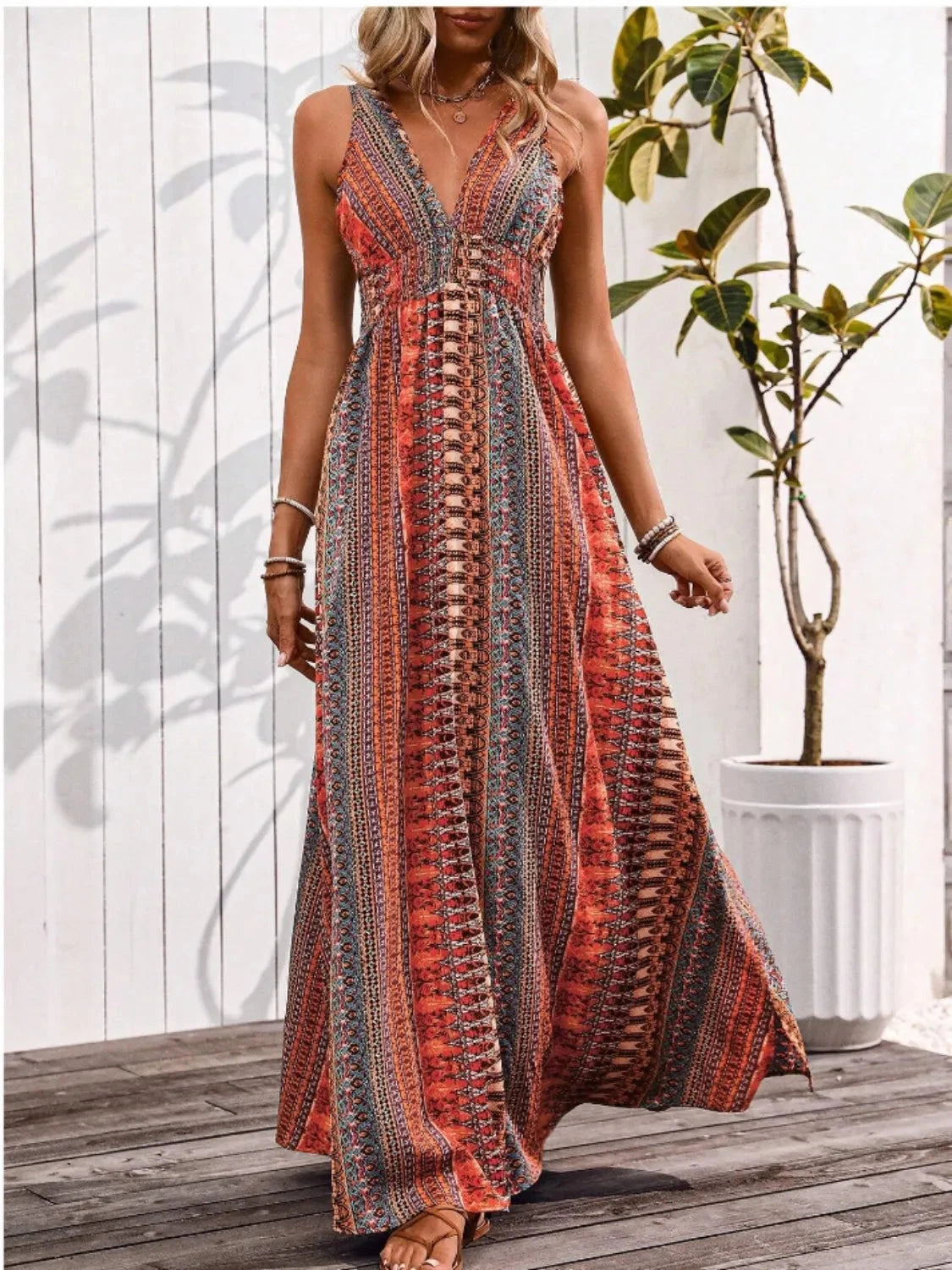 Tied Back Printed Sleeveless Maxi Slit Dress