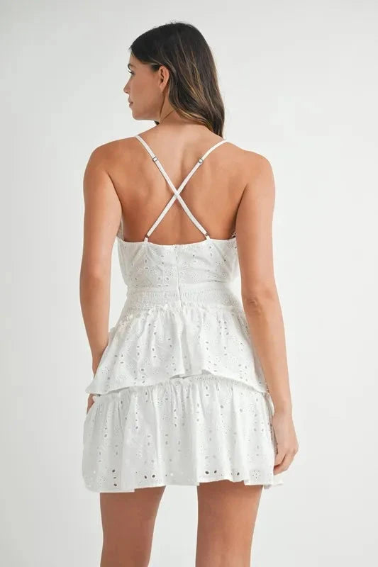 MABLE Lace Eyelet Ruffle Mini Dress With Front Cutout