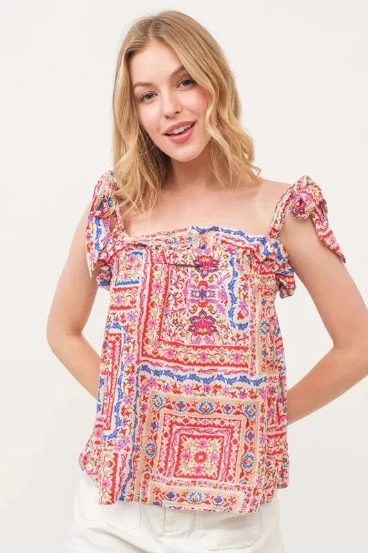 And The Why Ruffled Neck Tied Strap Boho Printed Swing Top