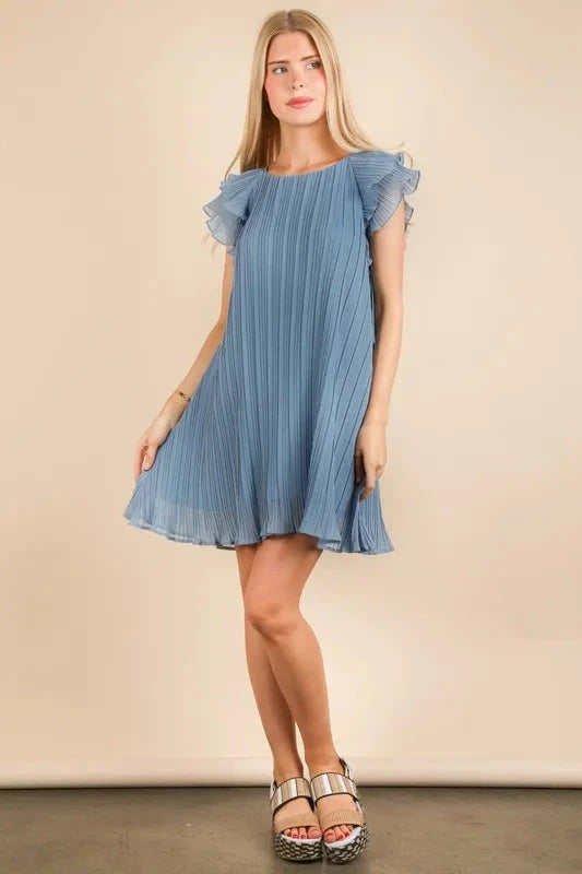 VERY J Plus Size Ruffle Sleeve Pleated Woven Mini Dress