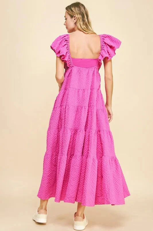 Davi & Dani Crinkled Texture Flutter Cap Sleeve Midi Dress