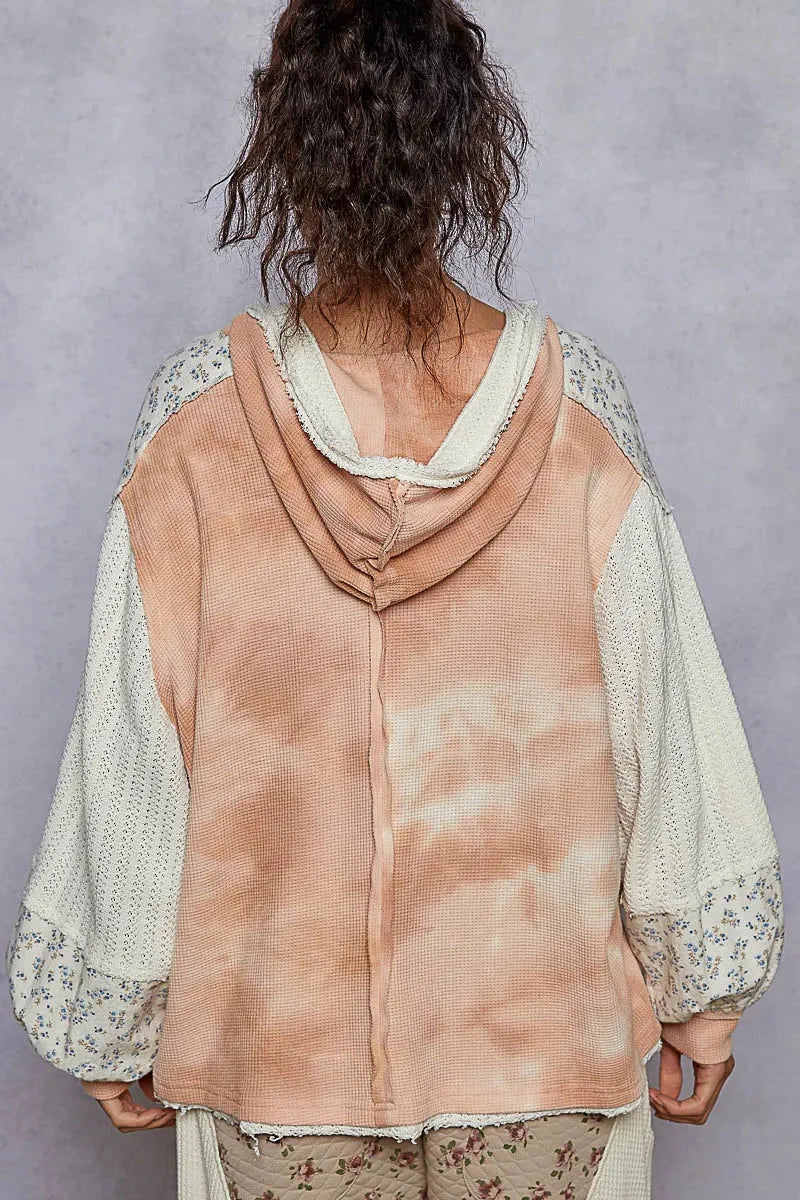 POL Raw Hem Washed Hoodie with Flower Patch