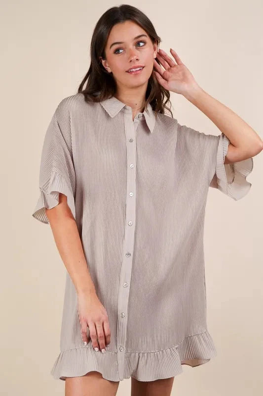 VERY J Pleated Detail Button Down Mini Dress