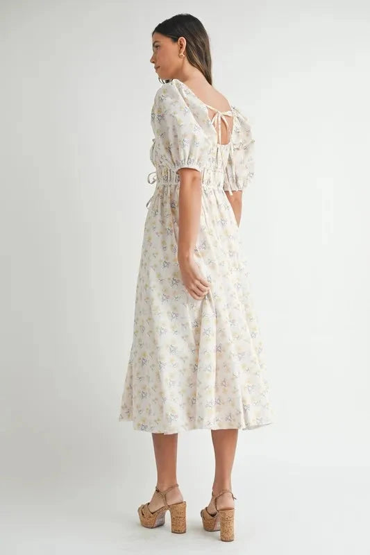 MABLE Floral Drawstring Detail Puff Sleeve Midi Dress