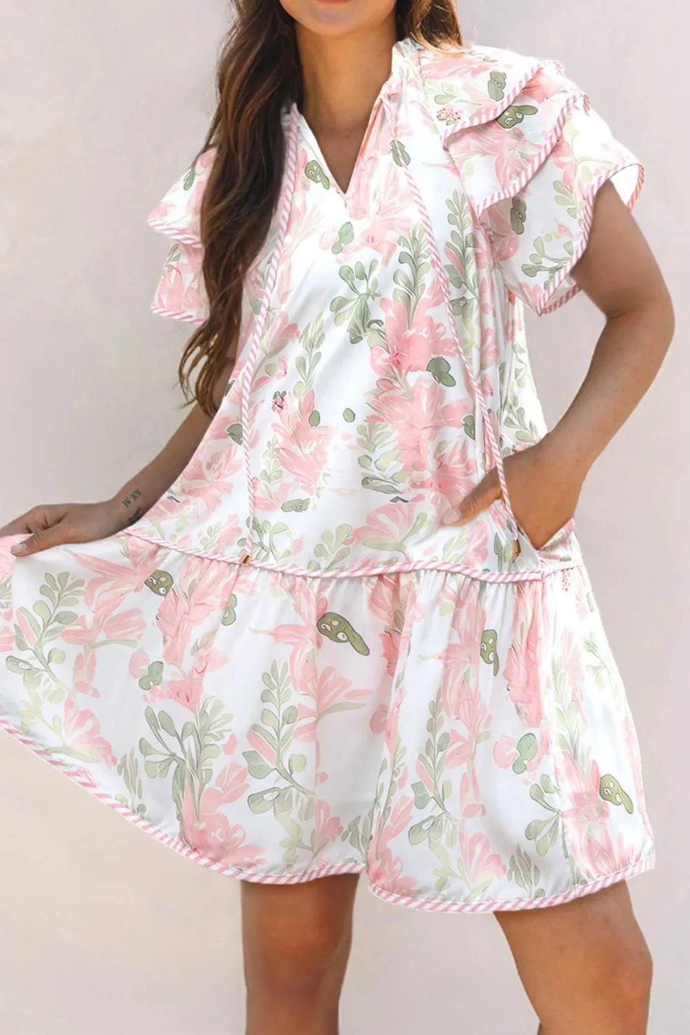 Floral Contrast Edge Layered Short Sleeve Mini Dress