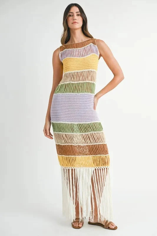 MABLE Multi Color Fringed Crochet Knit Dress