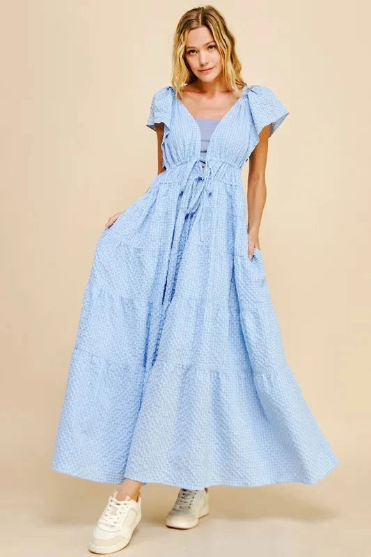 Davi & Dani Crinkled Texture Flutter Cap Sleeve Midi Dress