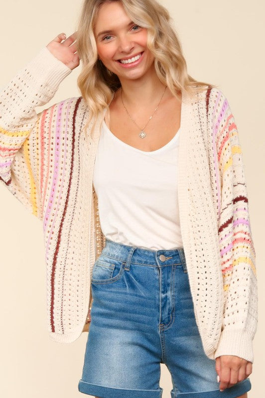 Haptics Full Size Striped Crochet Open Front Cardigan - Laazaar
