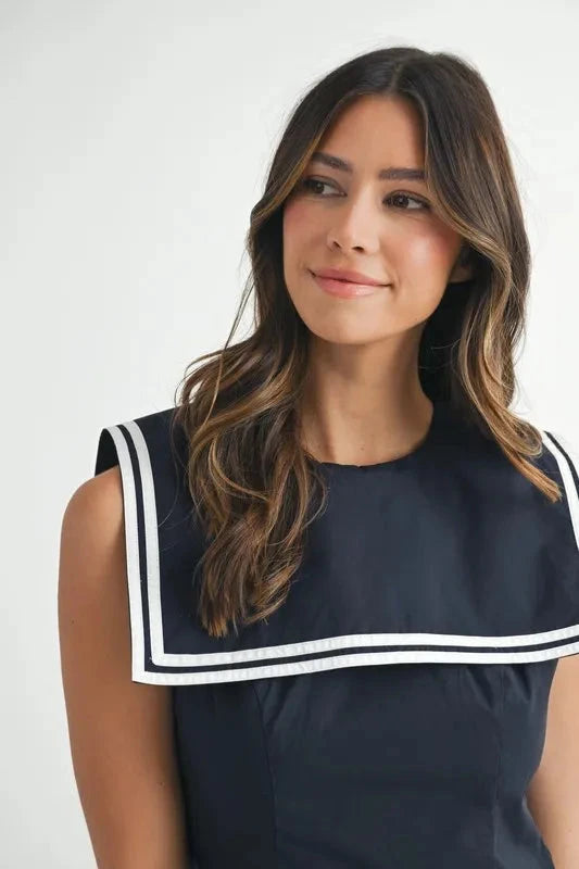 MABLE Contrast Piping Square Sailor Collar Mini Dress