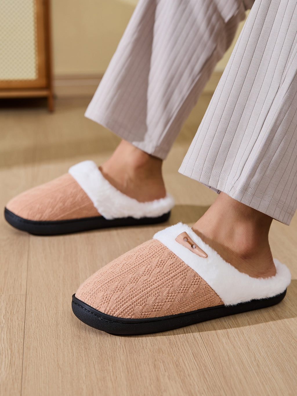 Horn Buckle Furry Texture Flat Slippers - Laazaar