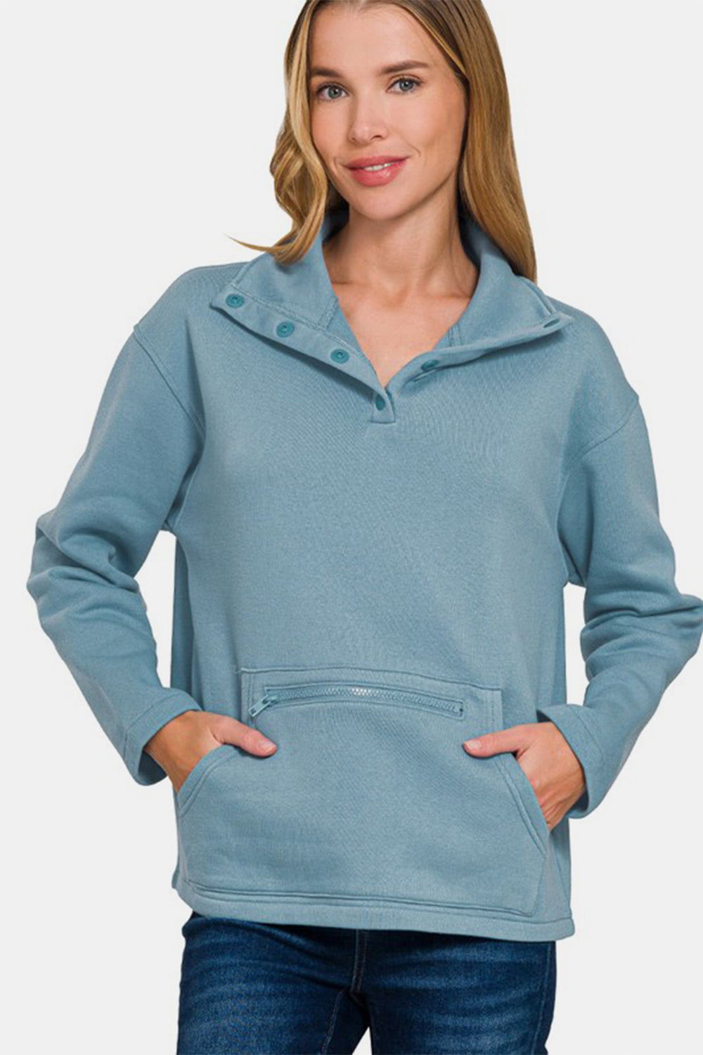 Zenana Turtleneck Half Snap Fleece Sweatshirt - Laazaar