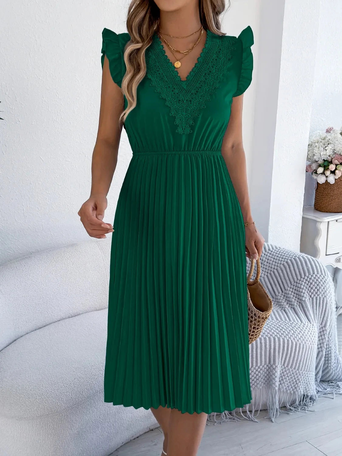 Lace Detail Ruffled Cap Sleeve Pleated Dress