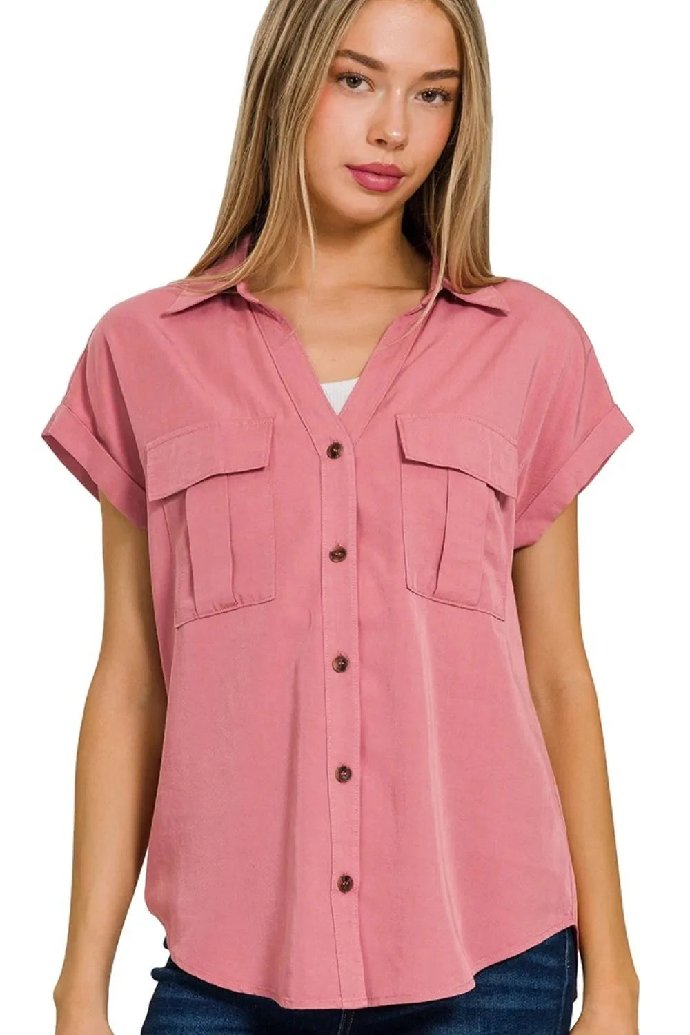 Zenana Tencel V-neck Collared Top W Front Flap Pockets