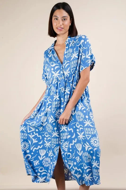 VERY J Plus Size Oversized Printed Shirt Midi Dress