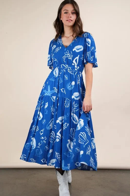 VERY J Printed V-Neck Resort Midi Dress