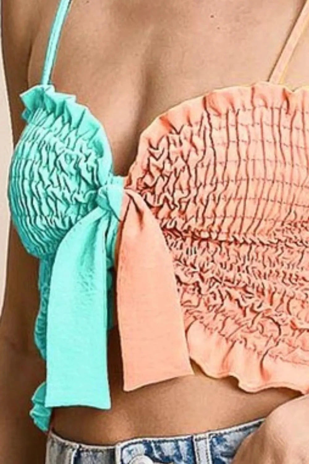 BiBi Woven Color Block Smocked with Ribbon Bra Top