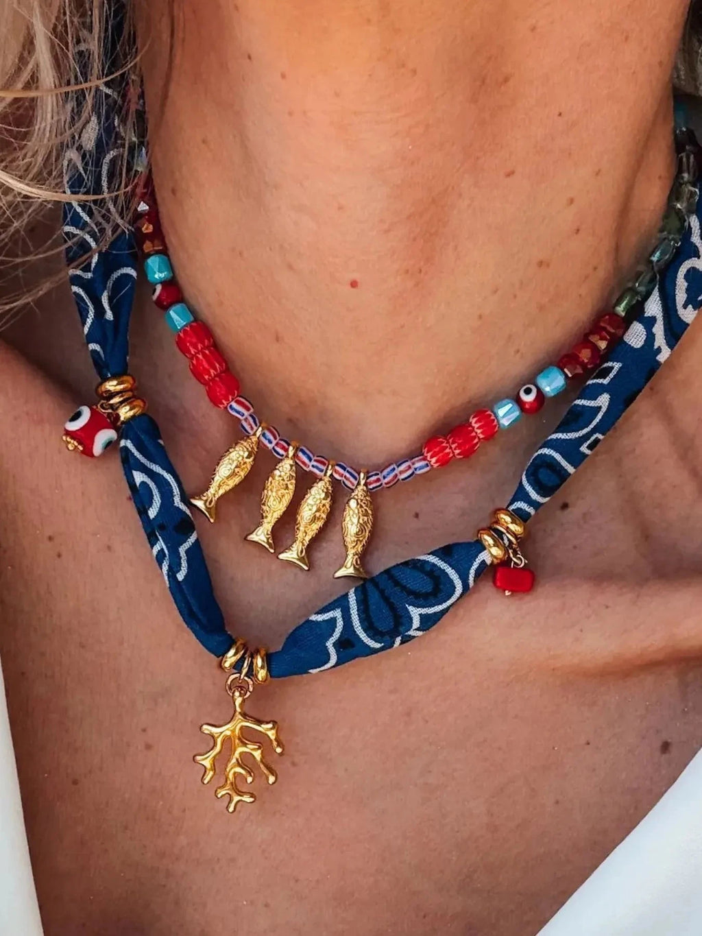 2-Piece Coral and Fish Pendant Necklace